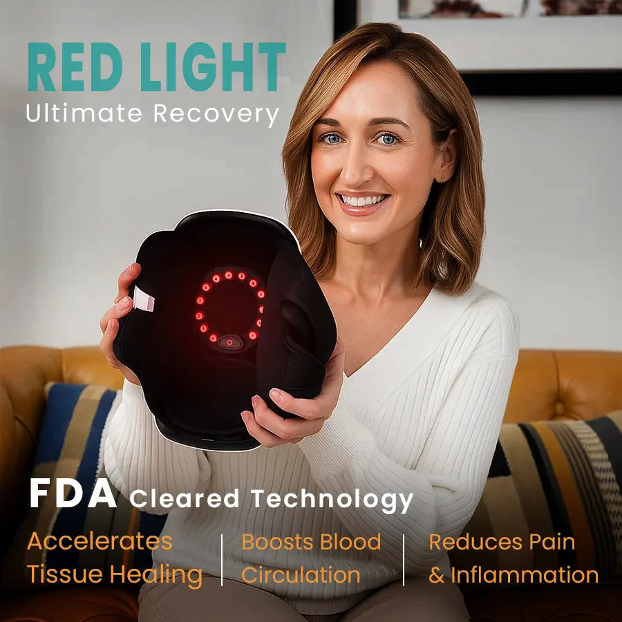 A smiling woman holds a knee massager, revealing the red light therapy function inside. Text overlay: "RED LIGHT. Ultimate Recovery. FDA Cleared Technology. Accelerates Tissue Healing | Boosts Blood Circulation | Reduces Pain & Inflammation."