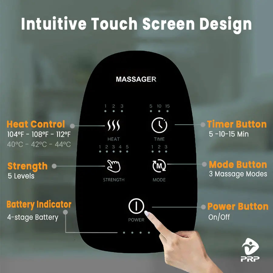 PRP HandReflex intuitive touch screen design with heat, timer, strength, and massage mode controls for customized hand massage experience.