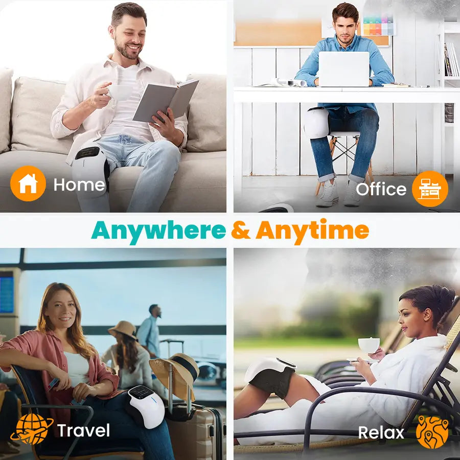 A collage of four images showing people using the knee massager in different settings: Home, Office, Travel, Relax. Text overlay: "Anywhere & Anytime."