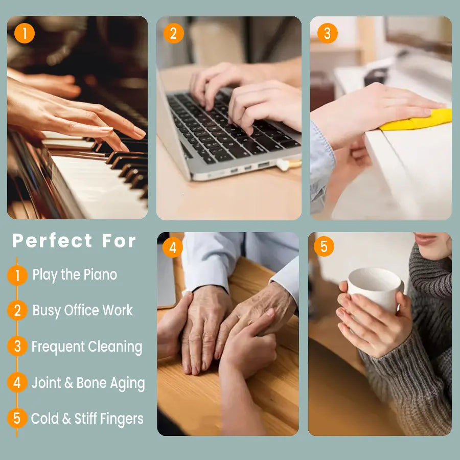 PRP HandReflex hand massager ideal for piano players, office workers, frequent cleaning, elderly with joint aging, and stiff cold fingers.