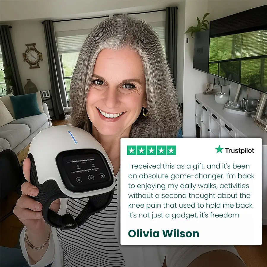 A smiling woman with gray hair holds the knee massager, next to a Trustpilot review praising the product. Text overlay: "Olivia Wilson: I received this as a gift, and it's been an absolute game-changer. I'm back to enjoying my daily walks..."