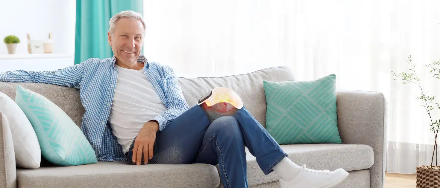 A happy senior man smiles at the camera while relaxing comfortably on his couch and using the PRP Knee Relief device. The light therapy massager provides convenient, at-home relief for his knee joint pain, allowing him to enjoy his day.