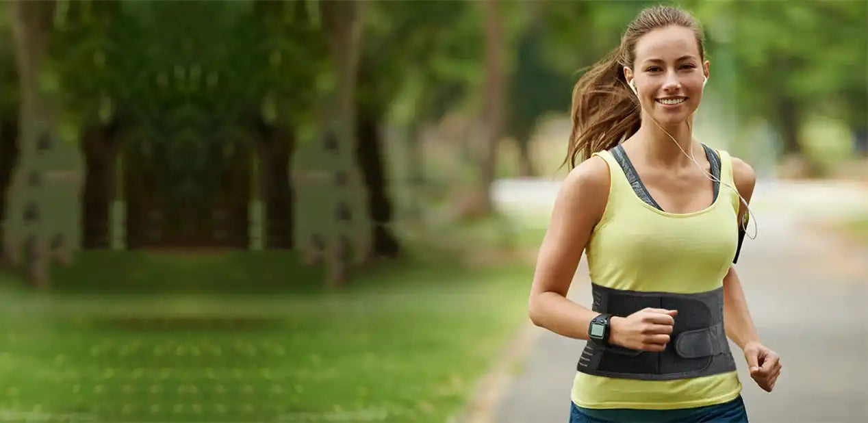 A happy and active woman jogs confidently in a park while wearing the PRP back support belt. The brace provides essential lumbar support, helping her prevent injury and enjoy her workout with a smile.