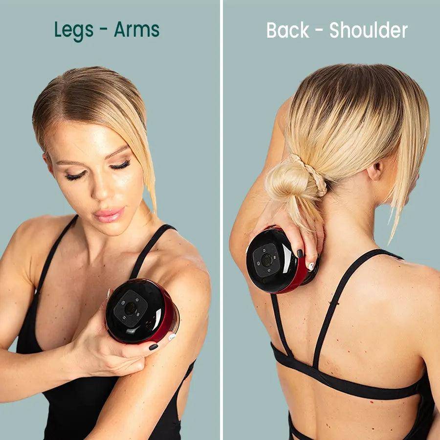 A young woman using the PRP ThermCup on her upper arm and shoulder, demonstrating the device's flexibility for different muscle areas.