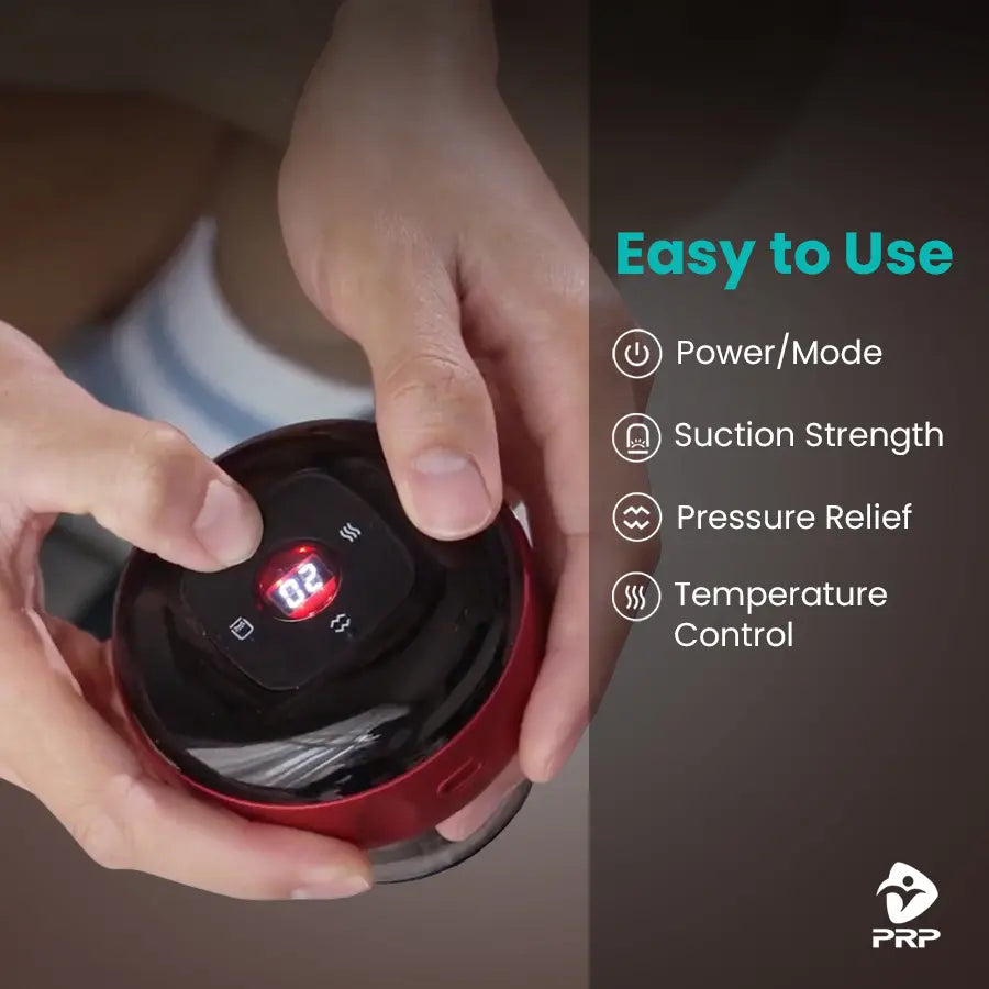 A close-up of a hand pressing the control button on the PRP ThermCup device, displaying the options "Power/Mode", "Suction Strength", "Pressure Relief", and "Temperature Control".