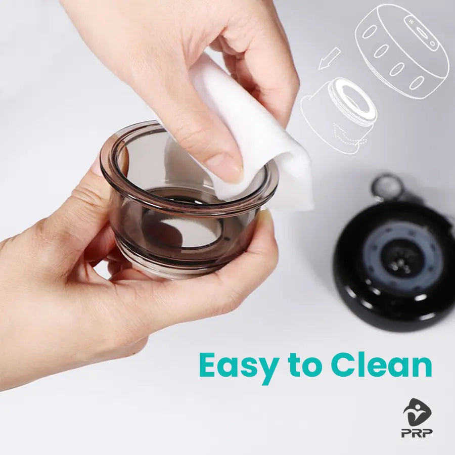 A close-up of a hand cleaning the PRP ThermCup cupping cup with a soft cloth, with a simple assembly guide diagram, highlighting the "Easy to Clean" feature.