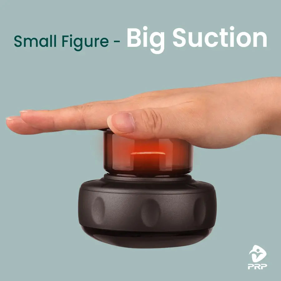 A hand placing the glowing red PRP ThermCup device with the caption “Small Figure - Big Suction,” illustrating the powerful suction of the compact device.
