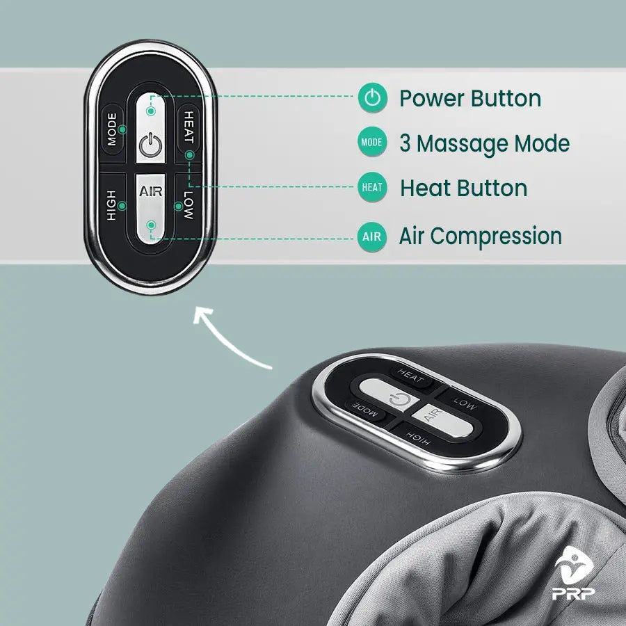 Close-up of foot massager control panel with power, mode, heat, and air compression buttons