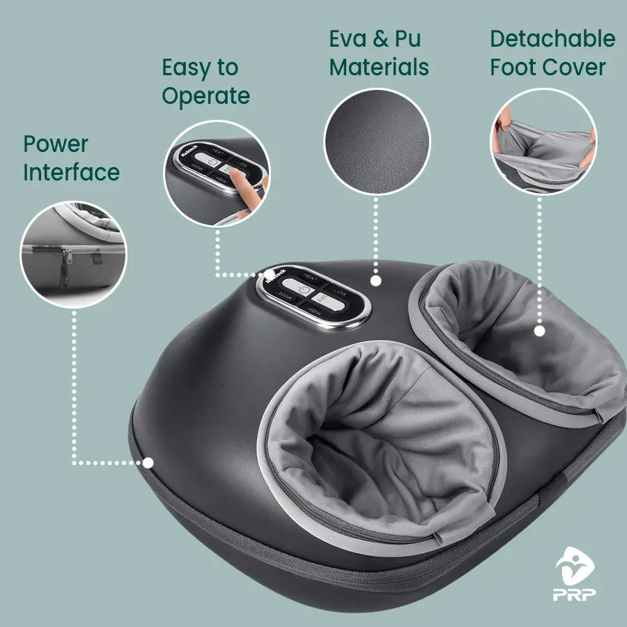 Foot massager features—easy to operate, EVA & PU materials, detachable foot covers, power interface