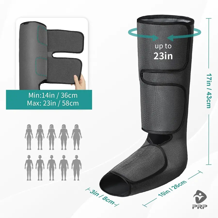 Adjustable size PRP® LegTech leg massager wrap with measurements from 14–23 inches (36–58 cm) and 17 inches (43 cm) height for universal fit.