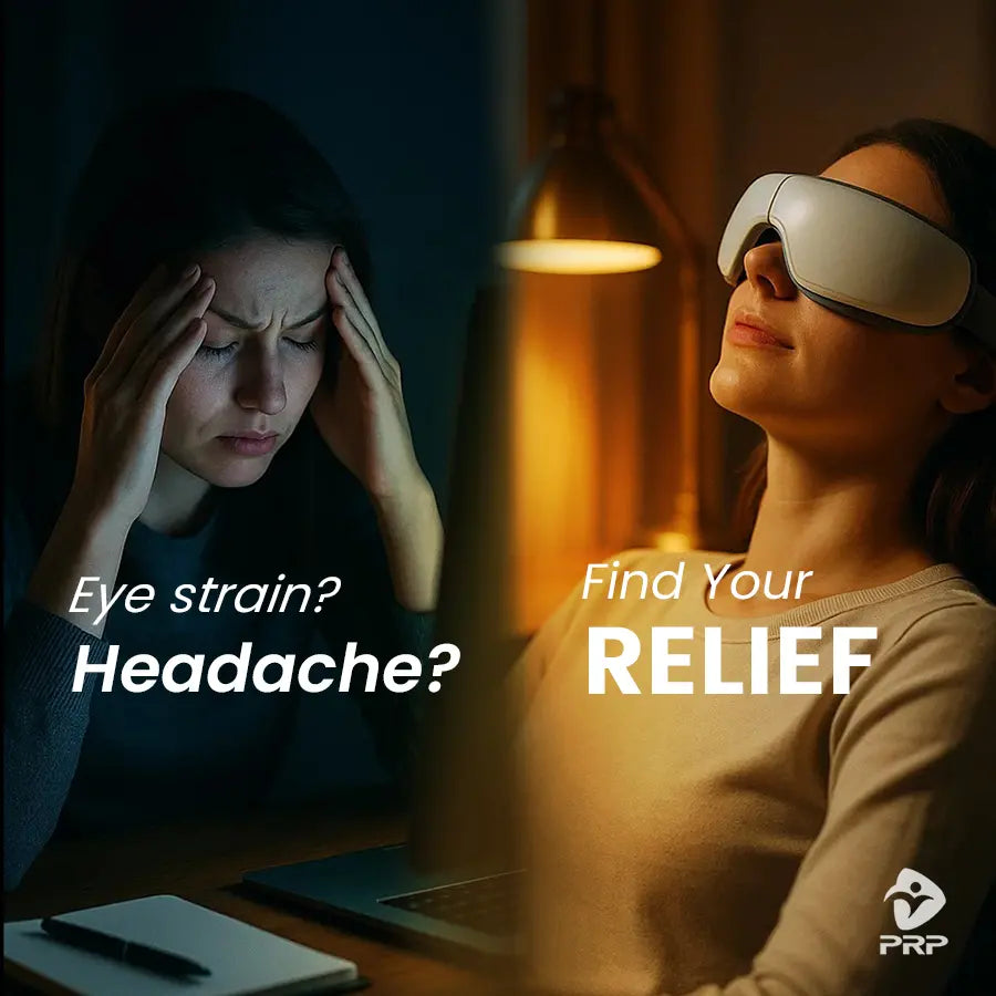 Woman suffering from eye strain and headache at work contrasted with a relaxed woman using a smart heated eye massager, effective relief for fatigue, stress, and tension.