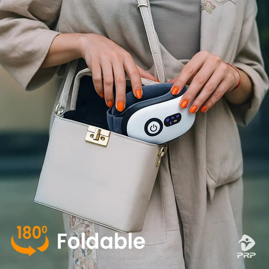 Foldable 180-degree eye massager, portable design easy to carry in bag for travel and office use.