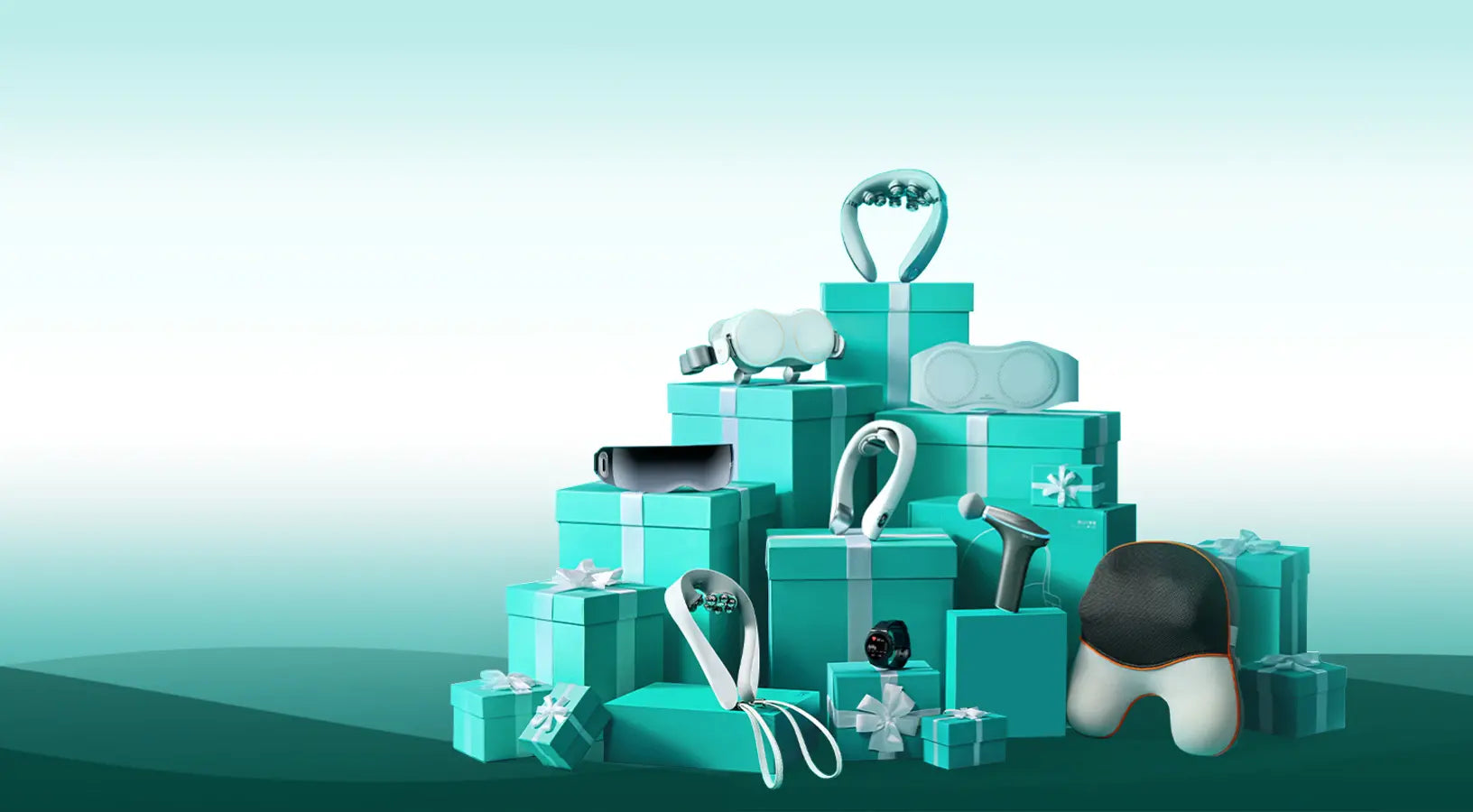 A collection of PRP brand products stylishly displayed on a stack of vibrant blue boxes, set against a solid teal background.