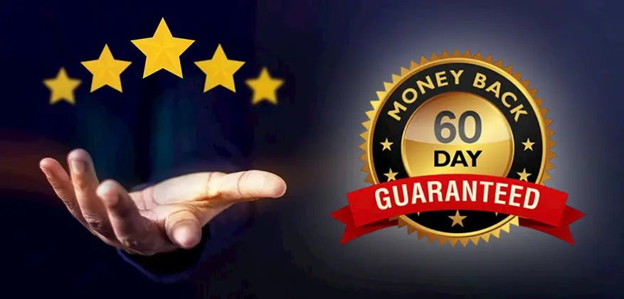 An image symbolizing PRP's commitment: a hand presents five gold stars, representing 5-star quality, alongside a gold '60-Day Money-Back Guaranteed' seal, highlighting the brand's customer satisfaction policy and reliability.