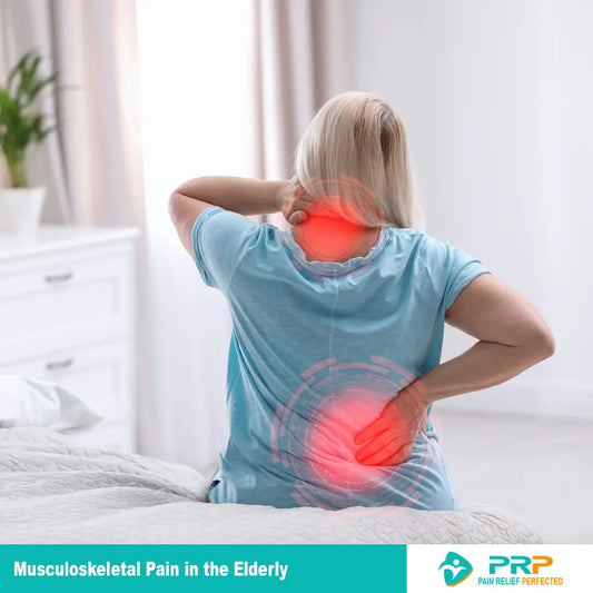 An illustration of an elderly woman suffering from widespread musculoskeletal pain, with pain points in her neck and lower back highlighted by red graphic circles as she sits wearily on her bed.