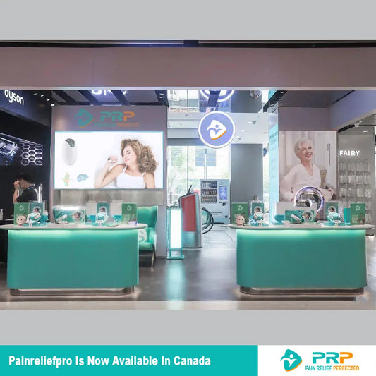 A PRP retail store with teal-colored counters and large screens displaying its products. The image includes text announcing the brand's availability in Canada.
