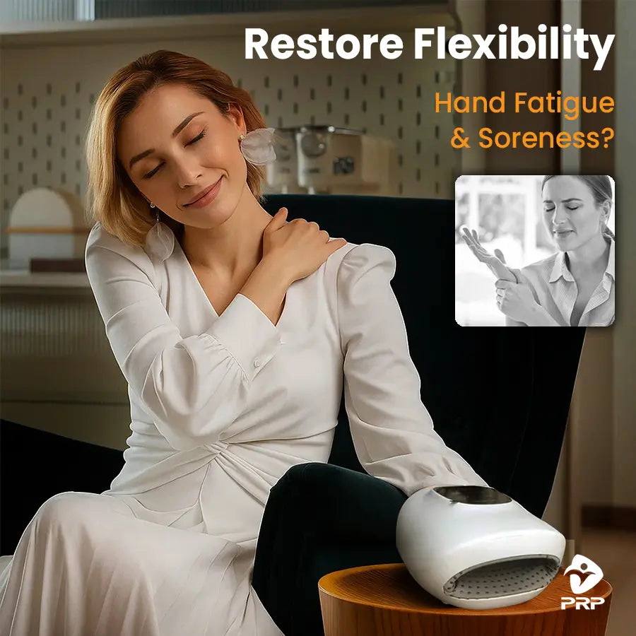 Woman relaxing at home using PRP HandReflex electric hand massager to reduce hand fatigue, soreness, and restore comfort after daily work.
