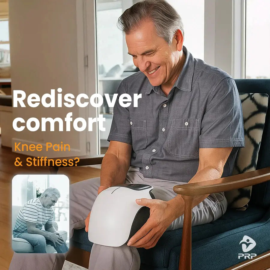 A smiling man sits in a chair, holding a white knee massager on his knee. Text overlay: "Rediscover comfort. Knee Pain & Stiffness?"