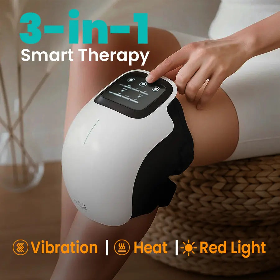 A person's hand adjusts the settings on a white knee massager worn on the knee. Text overlay: "3-in-1 Smart Therapy. Vibration | Heat | Red Light."