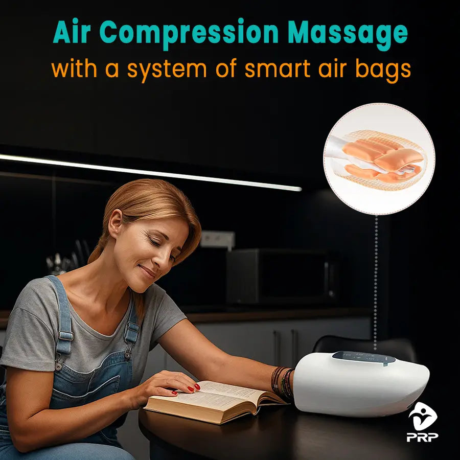 PRP HandReflex air compression hand massager with smart airbags system providing deep massage for stress relief and circulation improvement.