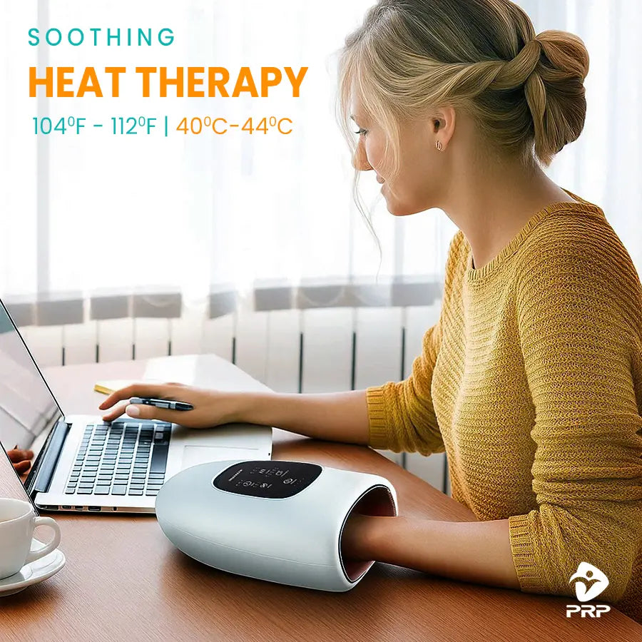 Soothing heat therapy hand massager PRP HandReflex, with adjustable temperature 104F–112F to relax stiff fingers and improve blood flow.