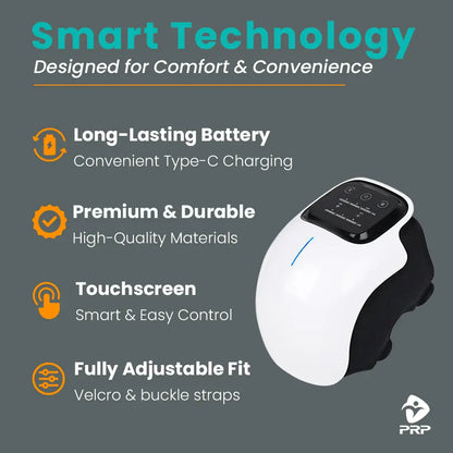 A knee massager device shown next to text highlighting its features: "Smart Technology. Designed for Comfort & Convenience. Long-Lasting Battery, Premium & Durable, Touchscreen, Fully Adjustable Fit."