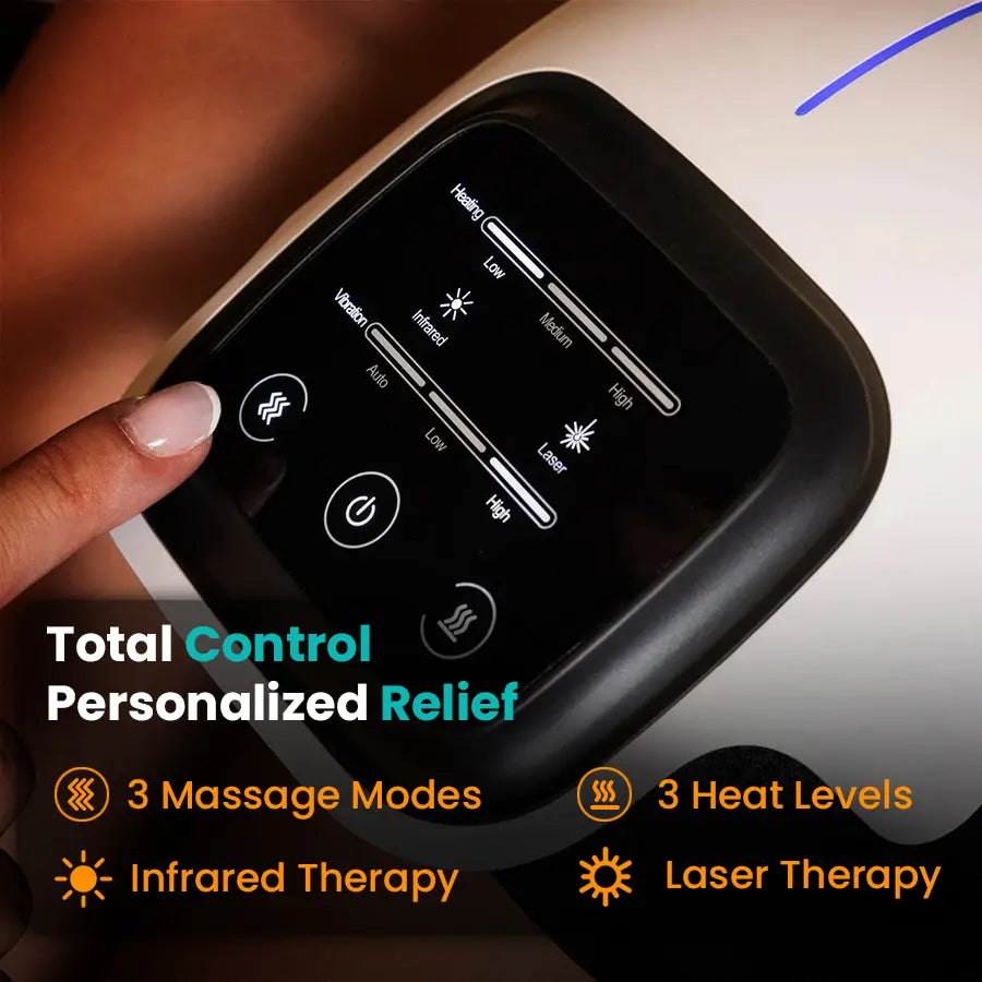 A close-up of a hand touching the touchscreen display of the knee massager, showing various settings. Text overlay: "Total Control. Personalized Relief. 3 Massage Modes | 3 Heat Levels | Infrared Therapy | Laser Therapy."