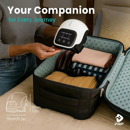 A person holds a knee massager above an open suitcase with clothes, illustrating its portability. Text overlay: "Your Companion for Every Journey." Dimensions of the device are also shown.