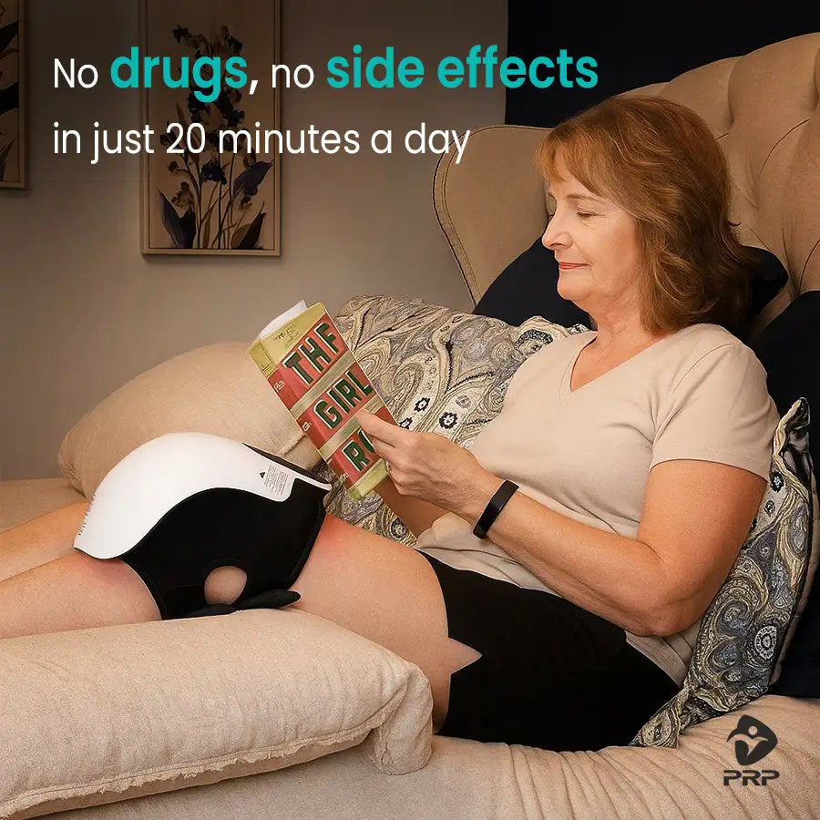 A woman reads a book while lying in bed, wearing a knee massager on her leg. Text overlay: "No drugs, no side effects in just 20 minutes a day."