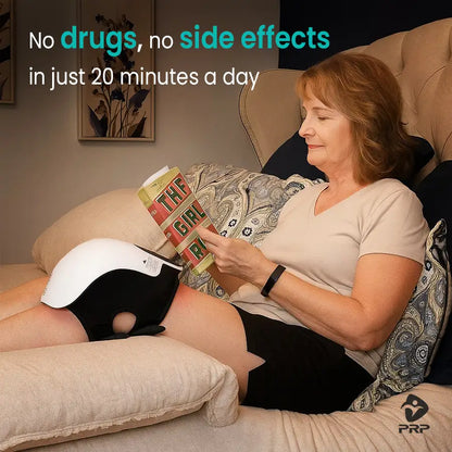 A woman reads a book while lying in bed, wearing a knee massager on her leg. Text overlay: "No drugs, no side effects in just 20 minutes a day."