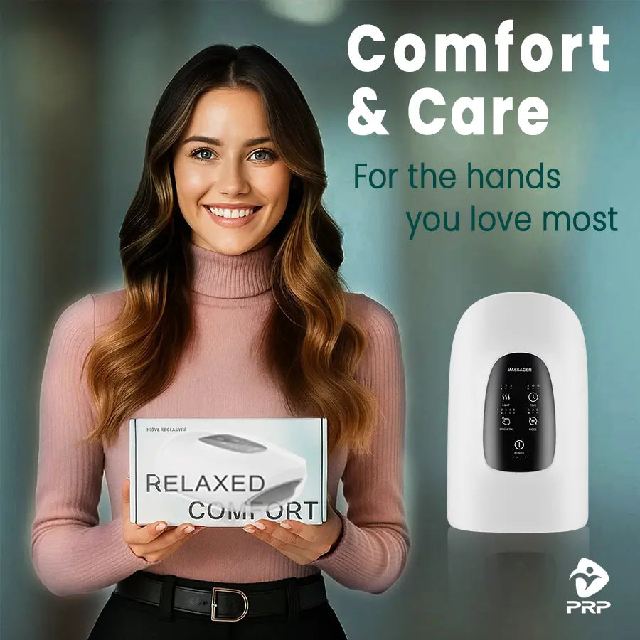 Smiling woman holding PRP HandReflex electric hand massager box, promoting comfort and care for the hands you love most.