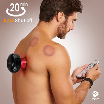 A man using the PRP ThermCup on his shoulder, the device glowing red with visible cupping marks, labeled with “20-minute automatic shut-off,” while holding a phone.