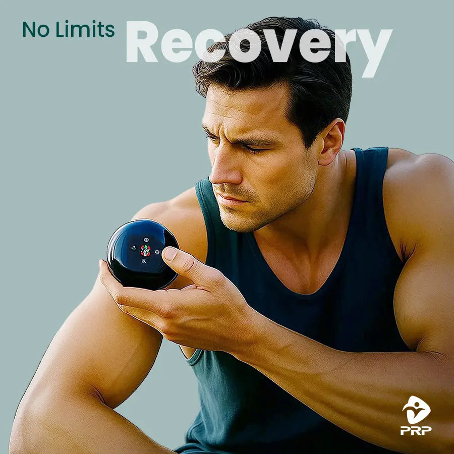 A muscular man testing the PRP ThermCup on his upper arm, with the text "No Limits Recovery" highlighting the product's effective recovery capabilities.