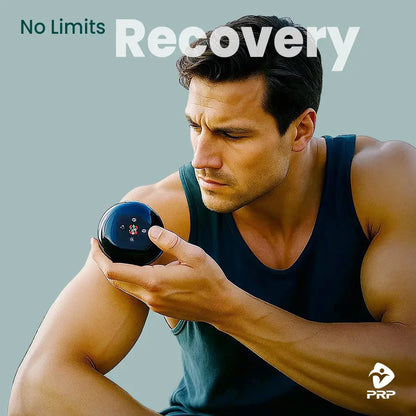 A muscular man testing the PRP ThermCup on his upper arm, with the text "No Limits Recovery" highlighting the product's effective recovery capabilities.