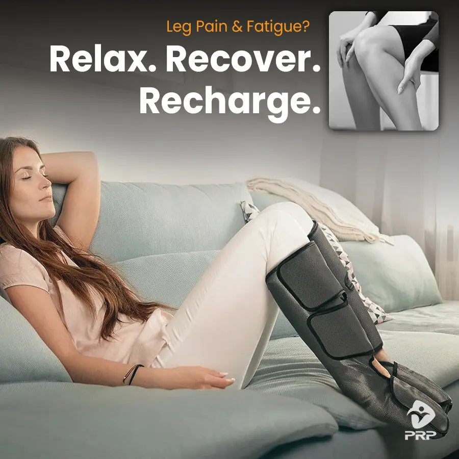 Woman relaxing on sofa using PRP® LegTech foot and calf air compression massager, tagline Relax Recover Recharge.