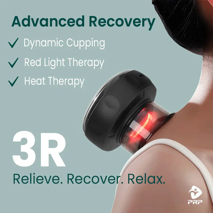 A close-up of the PRP ThermCup being used on the shoulder with prominent red light, showing features such as "Dynamic Cupping", "Red Light Therapy", "Heat Therapy," and the slogan "Relieve. Recover. Relax."