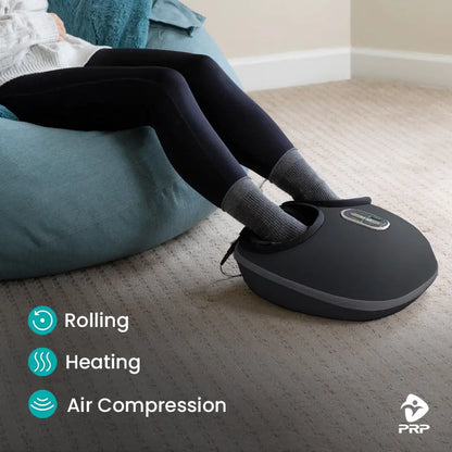Electric foot massager in use showing rolling massage, soothing heat, and air compression features