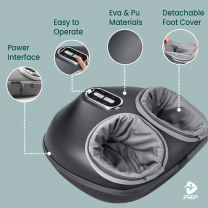 Foot massager features—easy to operate, EVA & PU materials, detachable foot covers, power interface