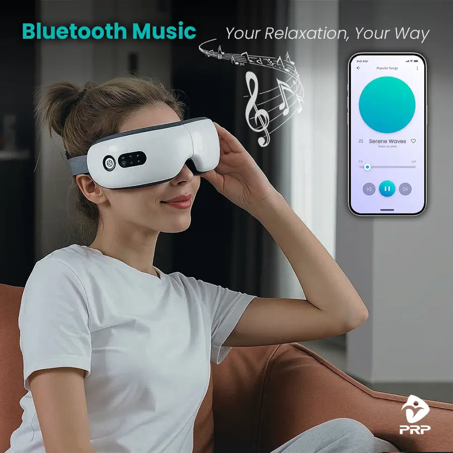 Woman wearing a white eye mask with Bluetooth music feature, smartphone displaying music app.