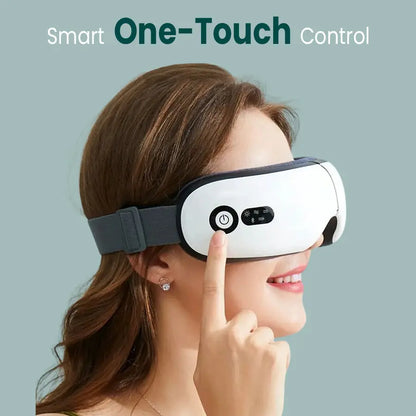 Smart electric eye massager with simple one-touch power button and sleek white design for relaxation.