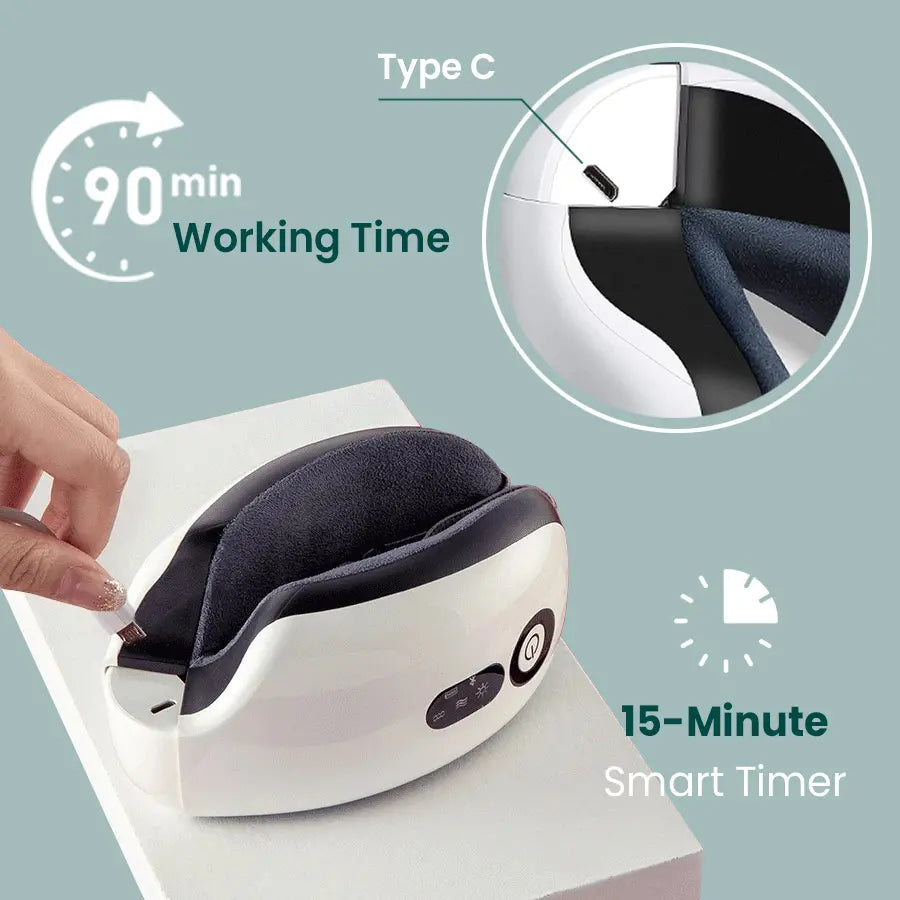 Rechargeable eye massager with Type-C charging, 90 minutes working time and 15-minute smart timer.
