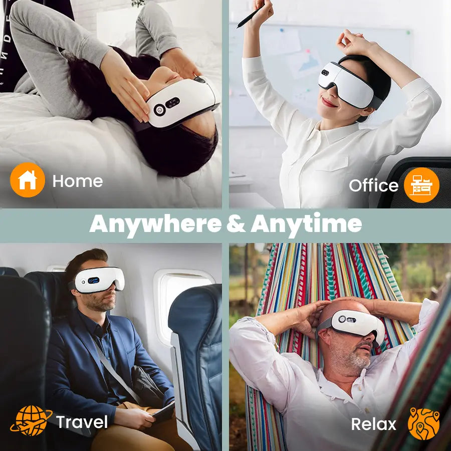Eye massager for home, office, travel, and outdoor relaxation, versatile use for daily stress relief.