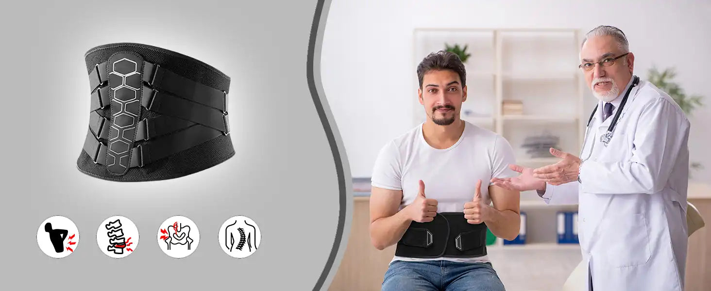 A young male patient gives two thumbs up, expressing his satisfaction with his significant back pain improvement after using the PRP back support belt. A senior doctor next to him gestures approvingly, confirming the product's effectiveness and medical-grade quality for treating spinal issues.
