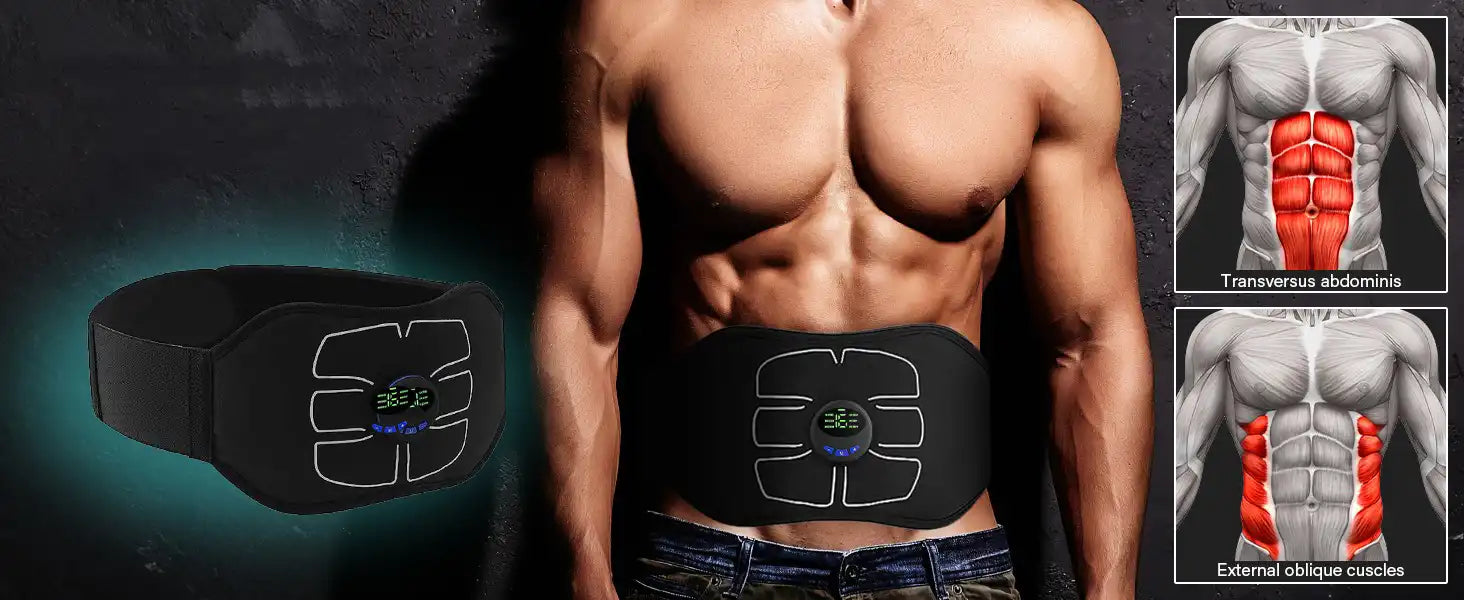 Promotional image for the PRP® AbsPulse EMS belt, featuring a muscular man wearing the device on his defined abs. To the side, anatomical diagrams illustrate the targeted muscles, such as the transversus abdominis and external obliques, showcasing its effectiveness for muscle toning and relief.