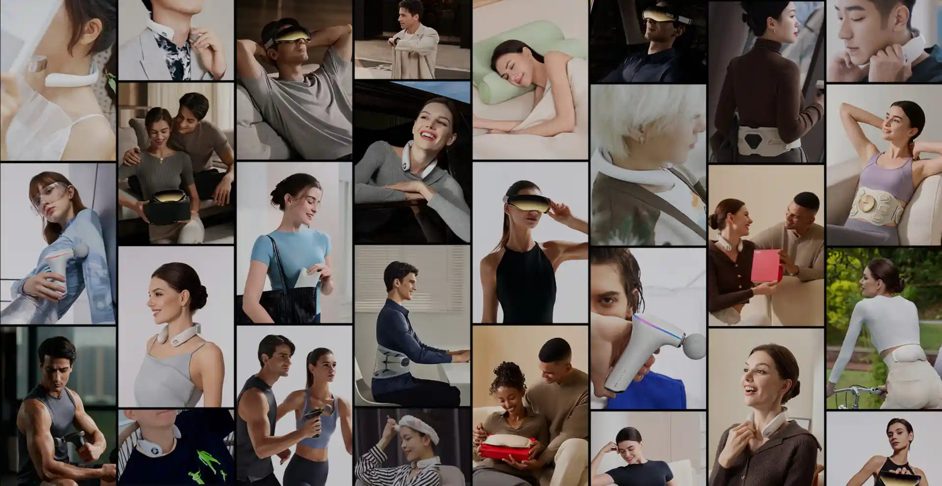 A vibrant photo collage showcasing a diverse range of satisfied customers using PRP's wellness and massage products in their daily lives. From neck and eye massagers to massage guns and back relief belts, each image radiates satisfaction and relaxation, representing the positive experiences of thousands of PRP users at home, work, and on the go.